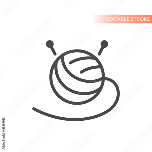 Yarn ball with knitting needles line vector icon. Outline, editable stroke.