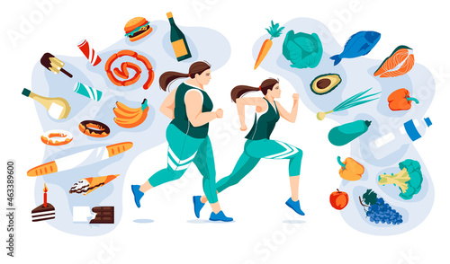 Running women with different set of healthy and fast food environment. Motivation methaphor flat vector illustration