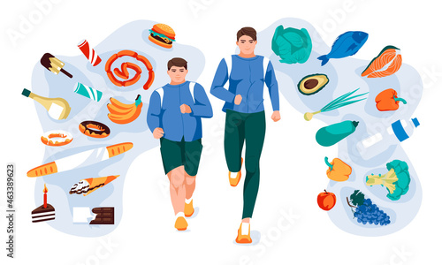 Running men with different set of healthy and fast food environment. Motivation methaphor flat vector illustration
