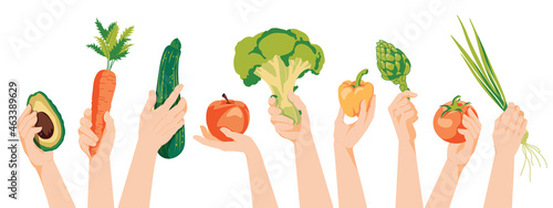 Different human hands holding fuits and vegetables. Concept harvest, agriculture, vegetarian flat vector illustration