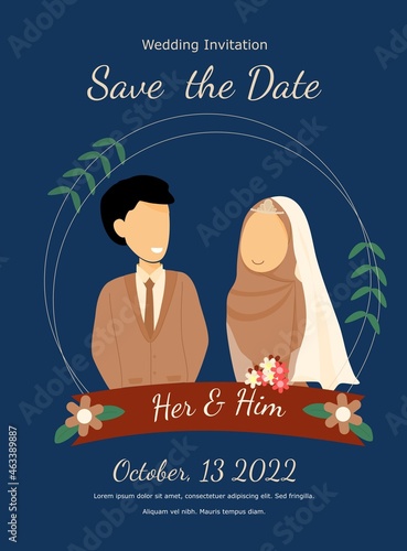 wedding invitation with muslim couple illustration. simple and elegant wedding template photo