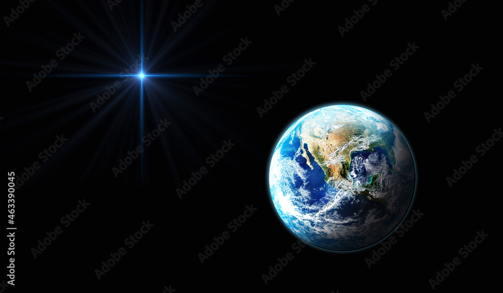 Earth on black background with bright star. Christmas Star of Bethlehem Nativity, christmas of Jesus Christ. Elements of this image furnished by NASA