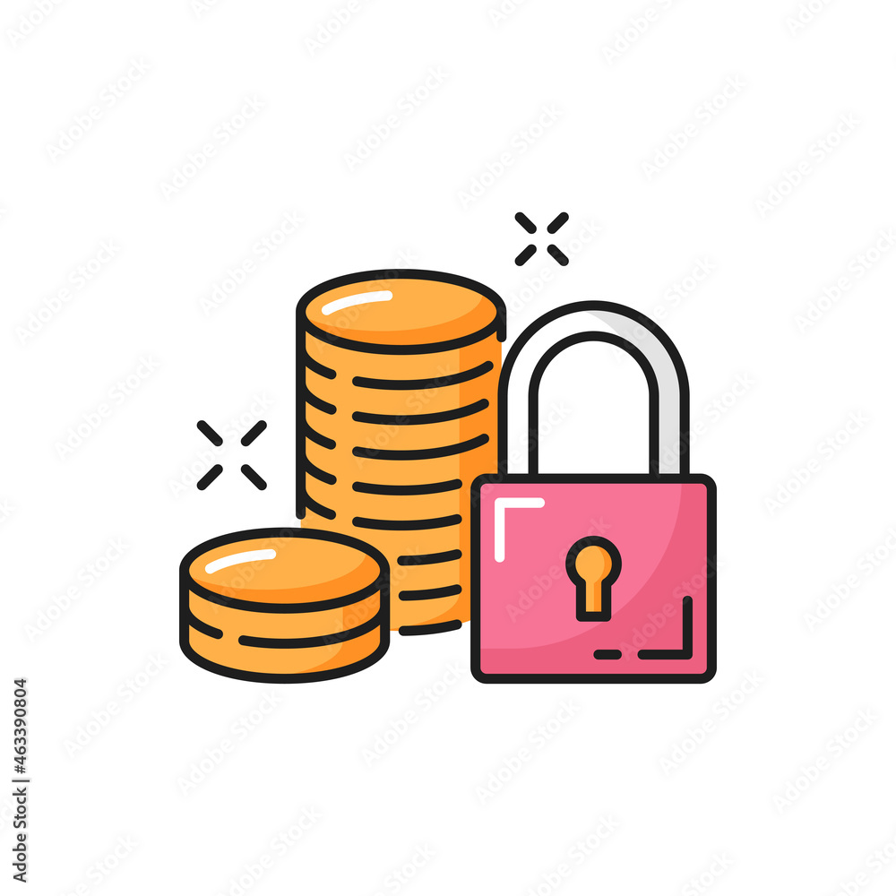 Finance icon and padlock, money security safe, golden coins color line icon. Vector cash money coins, income protection. Finances security, deposit savings and lock, financial insurance stability Finance icon and padlock, money security safe, golden coins color line icon. Vector cash money coins, income protection. Finances security, deposit savings and lock, financial insurance stability