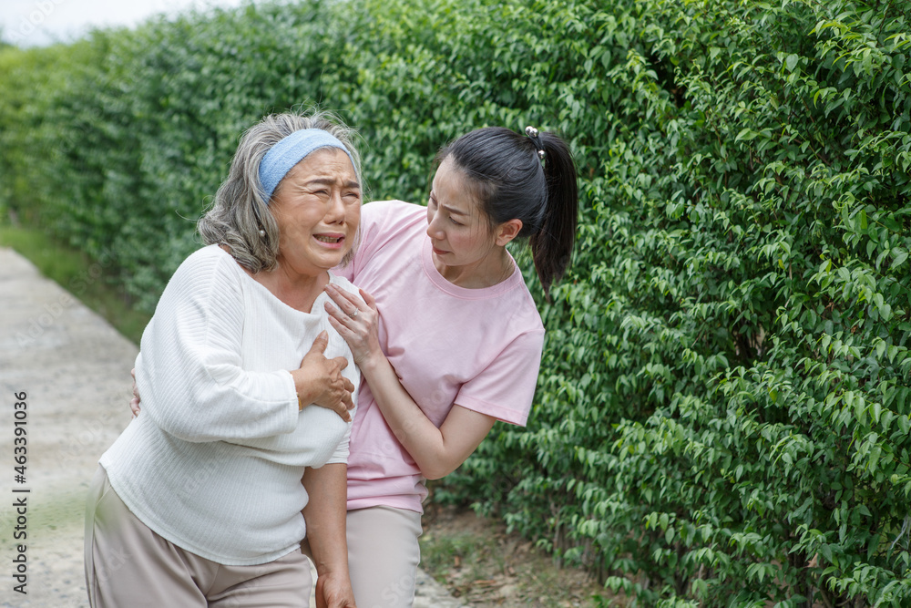 asian young daughter caring for sick senior mother To suffering chest pain or Heart attack at home . old mom suffering from illness has a adult caregiver woman to take care asian young daughter caring for sick senior mother To suffering chest pain or Heart attack at home . old mom suffering from illness has a adult caregiver woman to take care