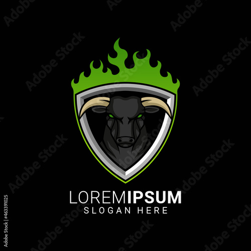 bull head face with shield and fire illustration for esports logo design vector