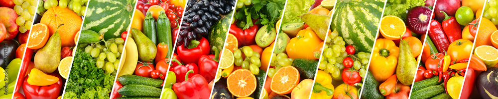 Panorama of fresh bright vegetables and fruits Panorama of fresh bright vegetables and fruits