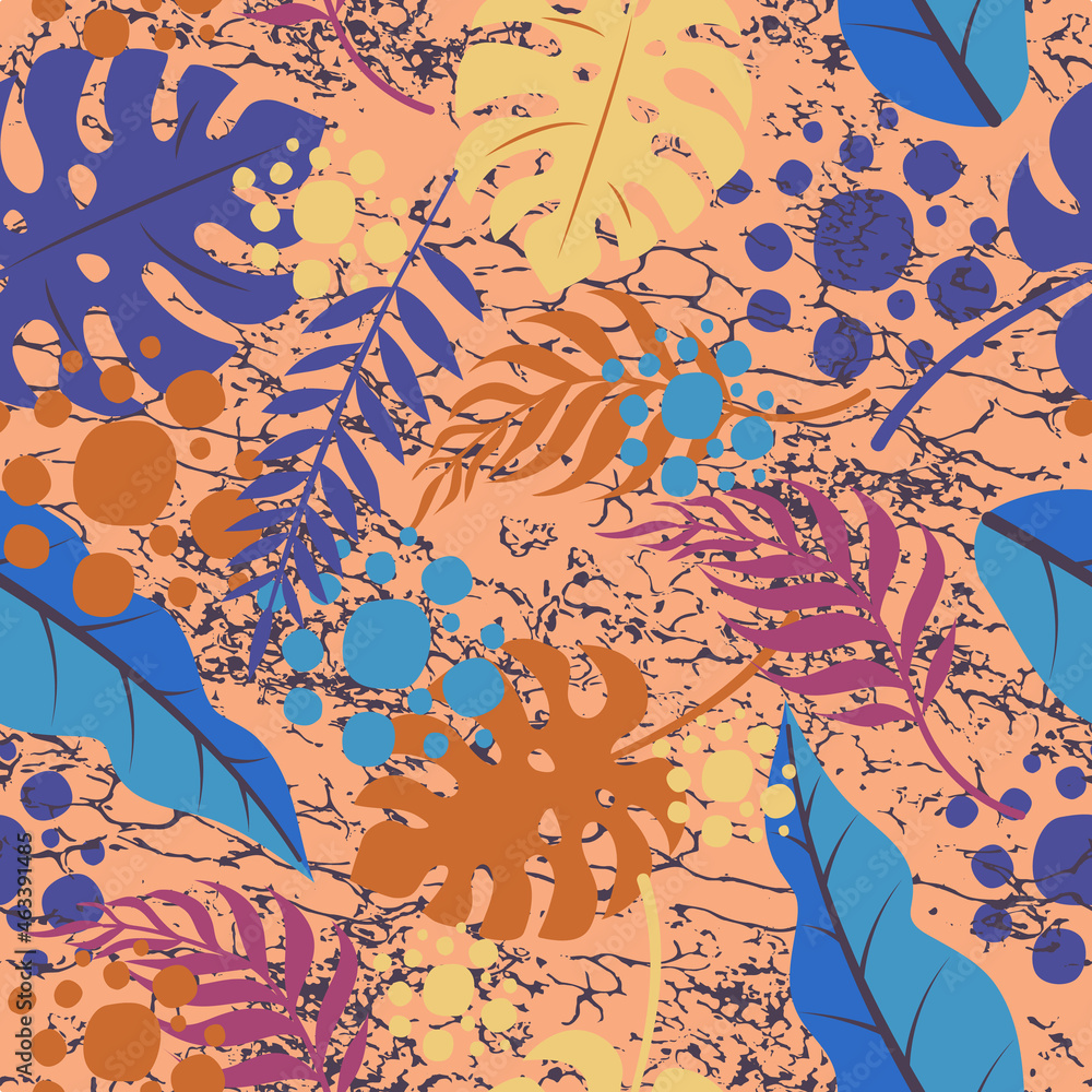 Naklejka premium Tropical seamless pattern. Trendy exotic pattern with plants and animal prints. A vibrant, modern floral pattern. Vector illustration.
