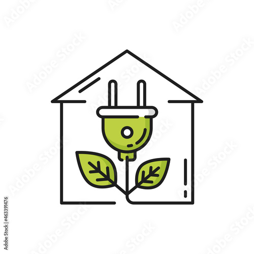 Green renewable energy in house, electric plug isolated line icon. Vector modern house, electric plug with leaves, eco energy. Home with plant plug shape, eco friendly building, outlet with leaf