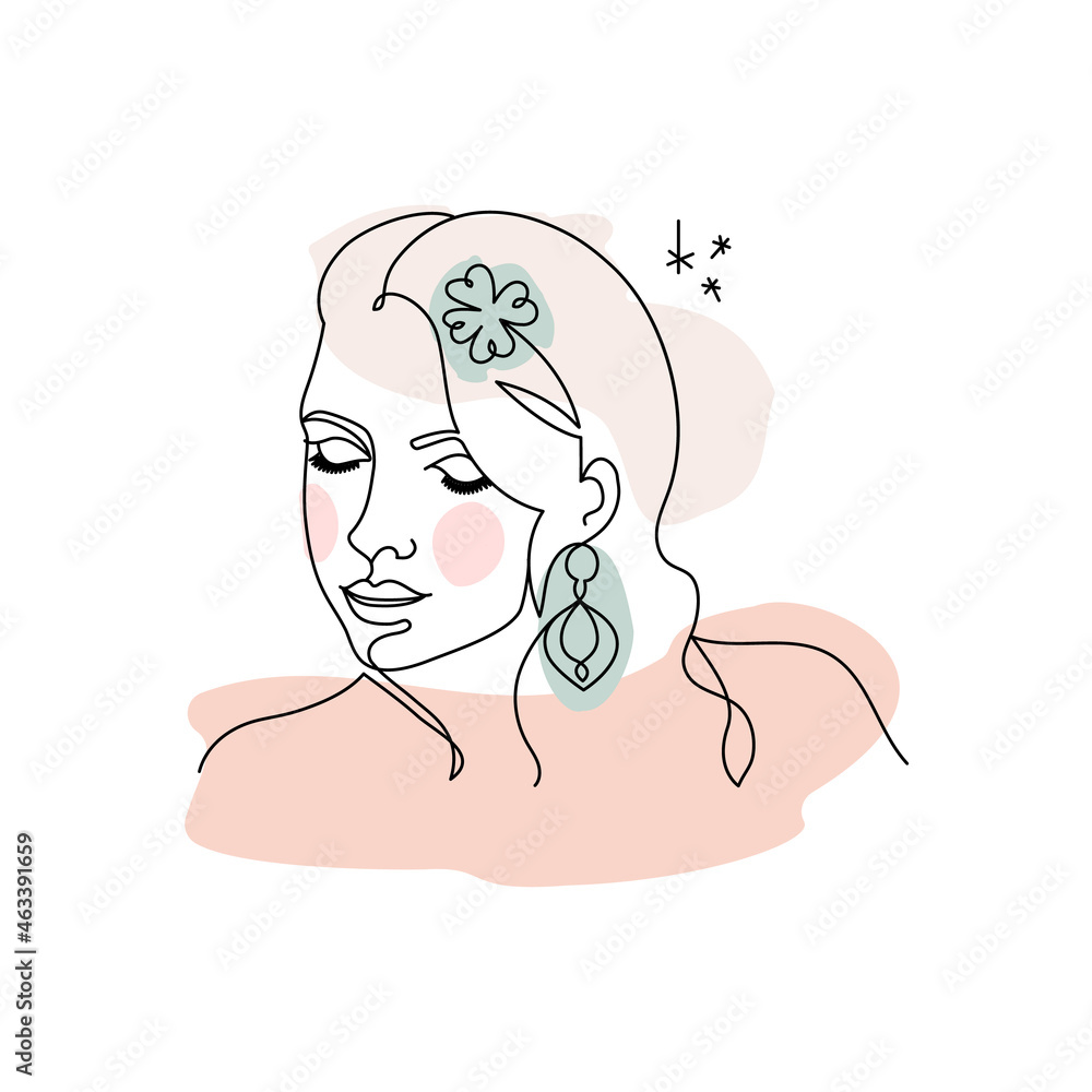 The graceful face of a girl with a flower drawn in one continuous line. One line drawing style. Fashionable vector illustration for cosmetics. The graceful face of a girl with a flower drawn in one continuous line. One line drawing style. Fashionable vector illustration for cosmetics.