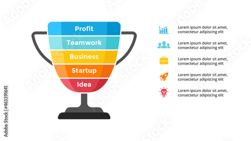 Winner cup. Success infographic. Presentation slide template. Diagram chart with 5 steps, processes. 