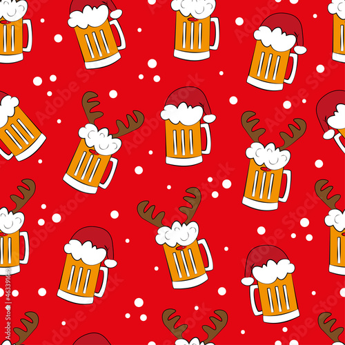 Funny beer mugs in Santa hat and deer antler, on red background. Seamless pattern for Christmas.
Good for textile prind, wrapping paper, and other decoration. photo