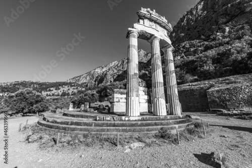 Black and white photo of the Temple of Athena in Delphi photo