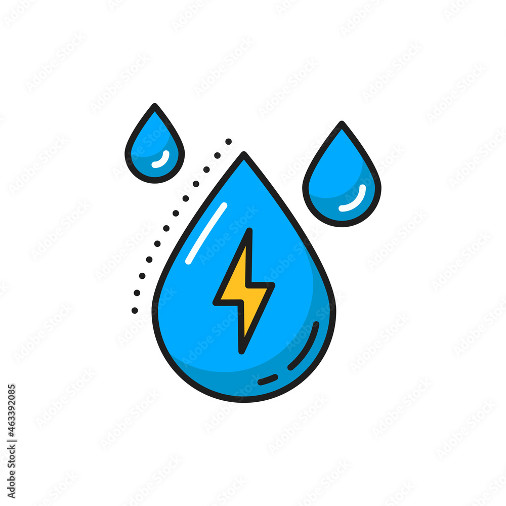 Rain drop and lighting bolt natural energy sources isolated color line icon. Vector weather forecast meteorology thunderstorm symbol. Rainy weather, eco friendly clean and green energy object Rain drop and lighting bolt natural energy sources isolated color line icon. Vector weather forecast meteorology thunderstorm symbol. Rainy weather, eco friendly clean and green energy object