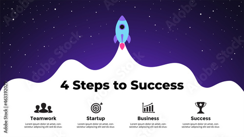 Startup vector Infographic. Rocket launch into space. Presentation slide template. Business success diagram chart. 4 steps parts. © theseamuss