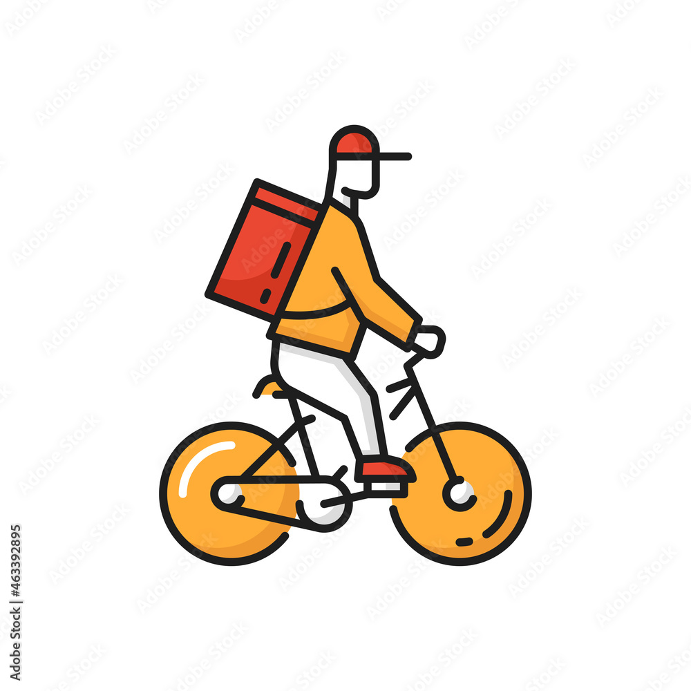 Online food delivery, courier on bicycle in cap isolated flat icon. Vector bicycle courier in cap and backpack package product box. Delivery staff, driver biker man. Shipping services and fast order