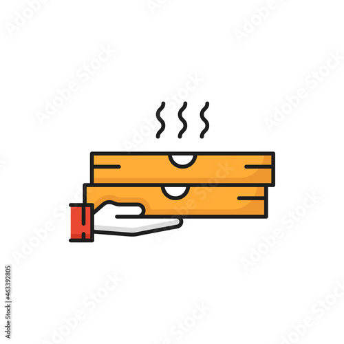 Food delivery icon, boxes of pizza in deliver hand isolated flat line icon. Vector deliver man hand with snack, fast online order and shipping services. Italian restaurant food, takeaway takeout meal