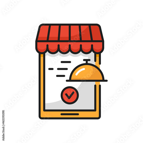 Food delivery icon online mobile application lunch isolated. Vector fast food delivery in smartphone, fast shipping services, cafe restaurant order accepted sign. Takeaway takeout meal web order