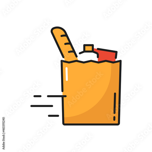 Shopping bag pack grocery products online delivery isolated flat icon. Vector dairy and bakery products, fast online order and delivery. Consumer basket, mobile shopping, retail buyers bag yellow sign