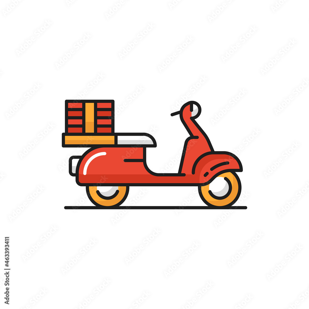 Fototapeta premium Bicycle or bike of courier, food delivery services isolated flat icon. Vector shipping services and fast online order, red color motor bicycle. Courier cycle, box with ordered lunch or dinner