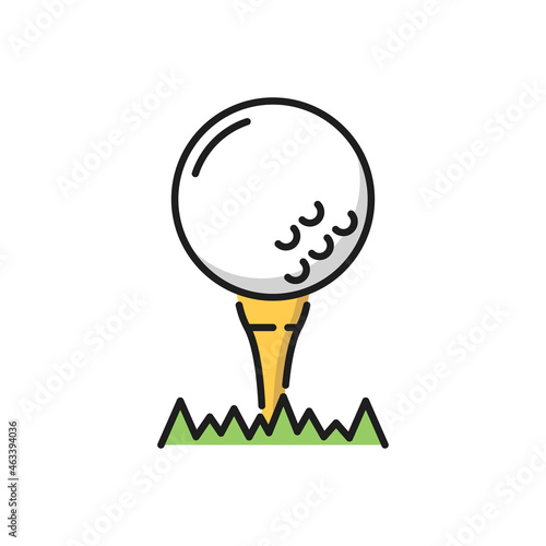 Ball to play golf on putter or tee isolated flat line icon. Vector golfing hobby symbol, golfball on putter. Tee for teeing off in grass, sport equipment. Portugal golf tournament competition sign