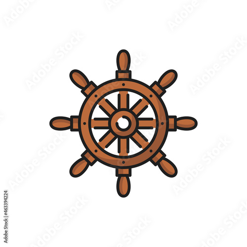 Ship wheel, seafarer handwheel or ship-wheel with handles isolated flat line icon. Vector boat control rudder steering wheel, marine navigation equipment. Vessel control object by captain or sailor,