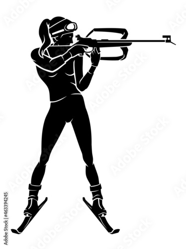 Biathlon, Female Athlete Aiming with Air Gun in Ski Equipment