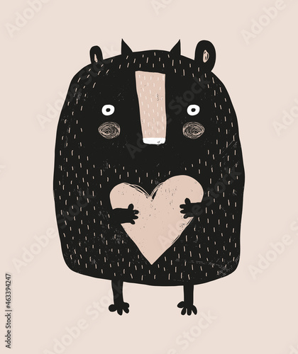 Simple Hand Drawn Vector Illustrations with Cute Monster Holding Big Heart. Infantile Style Halloween Vector Print for Wall Art, Poster, Card. Funny Black Devil with Heart on a Beige Background.