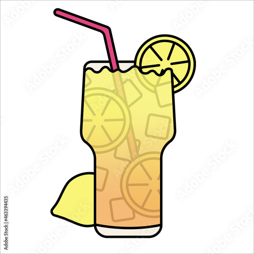 Glass with refreshing drink with lemon and ice. Isolated illustration for menu. 