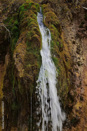 The spring water flow of Plakun waterfall cools in summer and does not freeze in winter