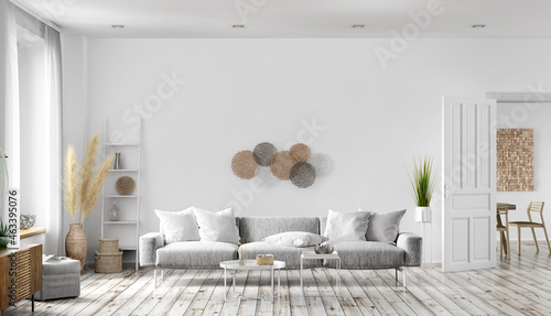 Fototapeta Naklejka Na Ścianę i Meble -  Modern scandinavian style interior of living room with gray sofa, white wall with door, home design 3d rendering
