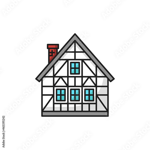 Mountain chalet Switzerland traditional building isolated flat line icon. Vector Swiss half-timbered cottage, family summer house. Wooden hut dwelling for booking, sale or rent, country home