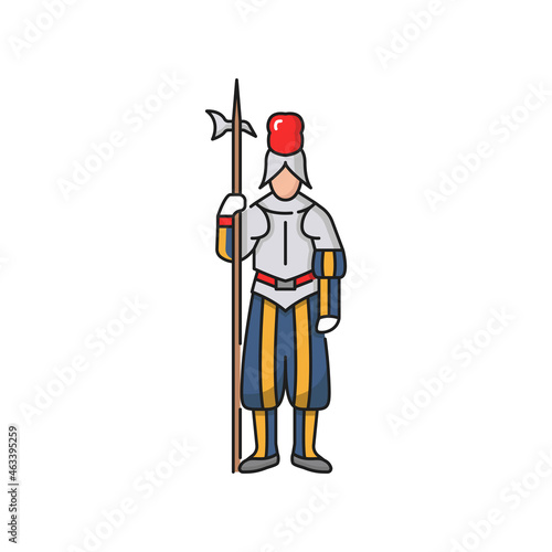 Switzerland warrior Swiss guard of vatican isolated icon. Vector feudal soldier in helmet, medieval knight in costume with axe. Warrior with viking military iron halberd, voulge glaive harpoon tool