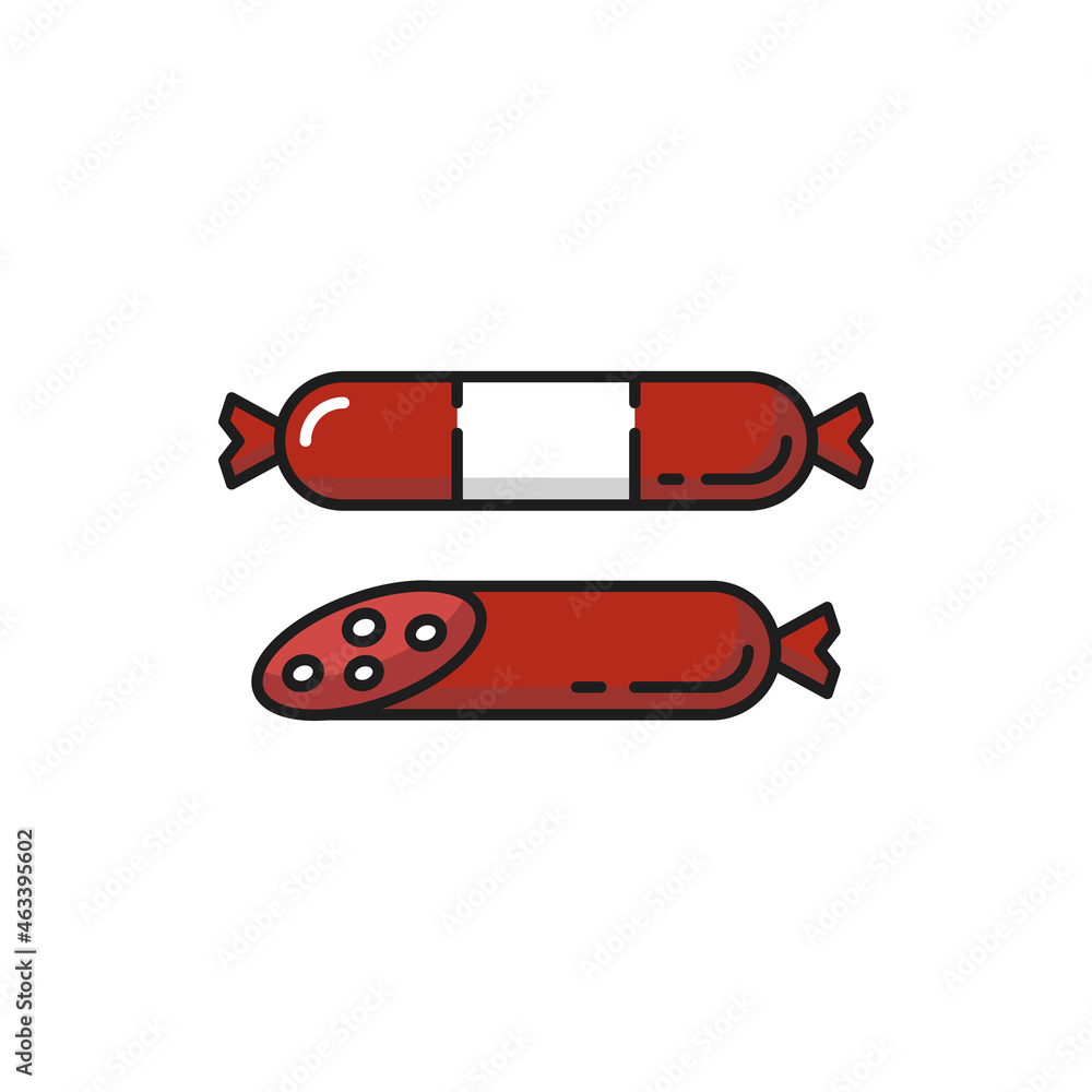 Butchery food Swiss sausage meat whole and half flat line icon. Vector whole bratwurst sausage from chicken or turkey, Swiss traditional food. Barbeque food, pork with ham, beef or lamb, smoked meat
