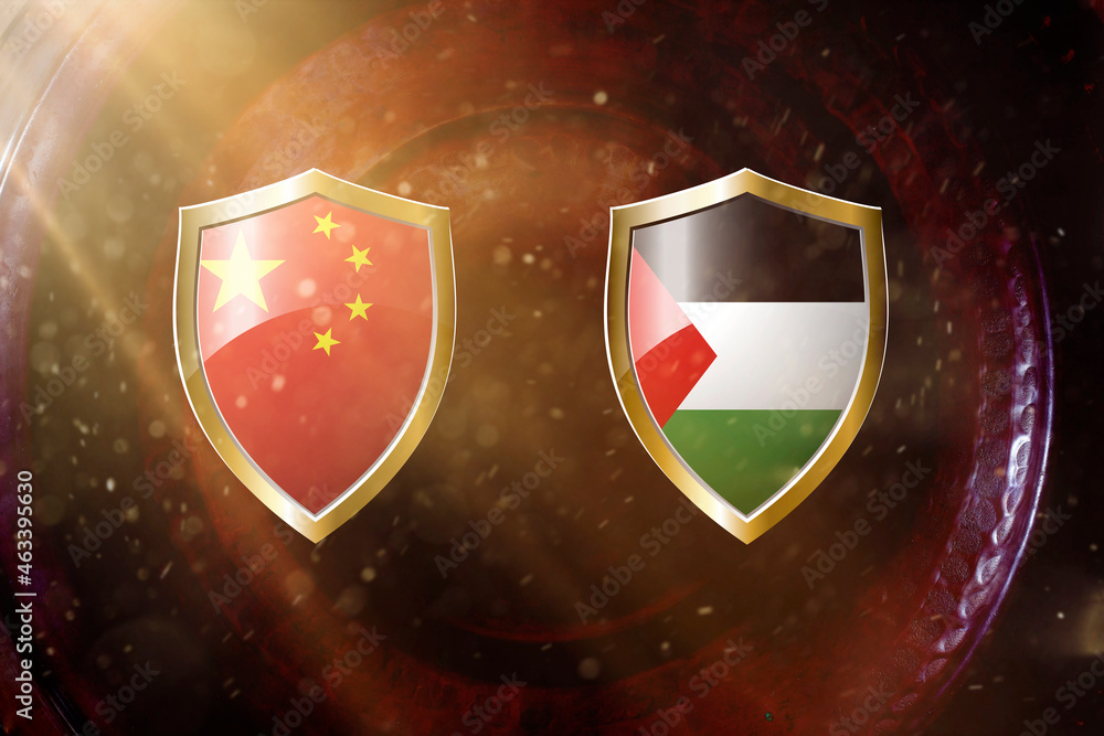 Fototapeta premium china and United Arab Emirates flag in golden shield on copper texture background.