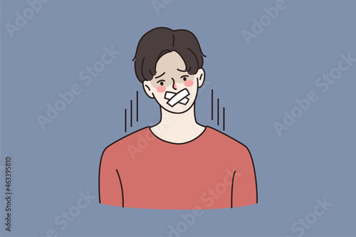 Portrait of young man with scotch tape on mouth prohibited to talk speak. Businessman with sealed lips with plasters. Boycott, censorship, speech freedom. Flat vector illustration, cartoon character. 