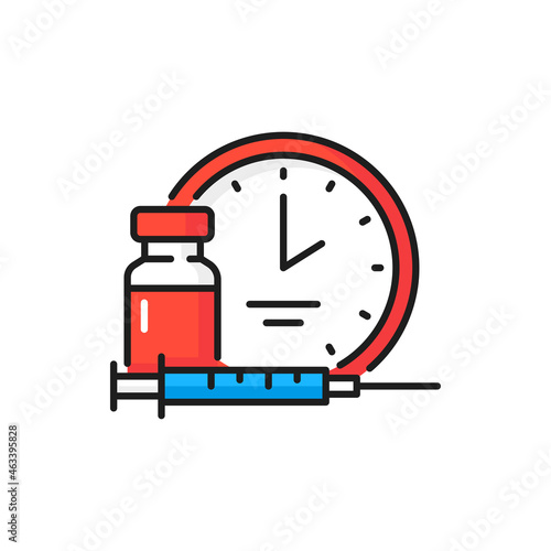 Time to vaccinate, bottle injection, coronavirus isolated color line icons. Vector bottle and timer clock, injections immunization campaign. Medical treatment, pandemic fight, health care protection