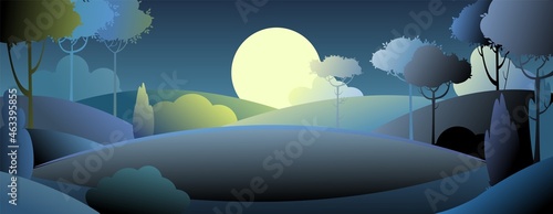 Silhouette night landscape. Big moon. Moonlight. Darkness. Cartoon style. Hills with grass and trees. Black shadows. Cool romantic pretty. Flat design background illustration. Vector art