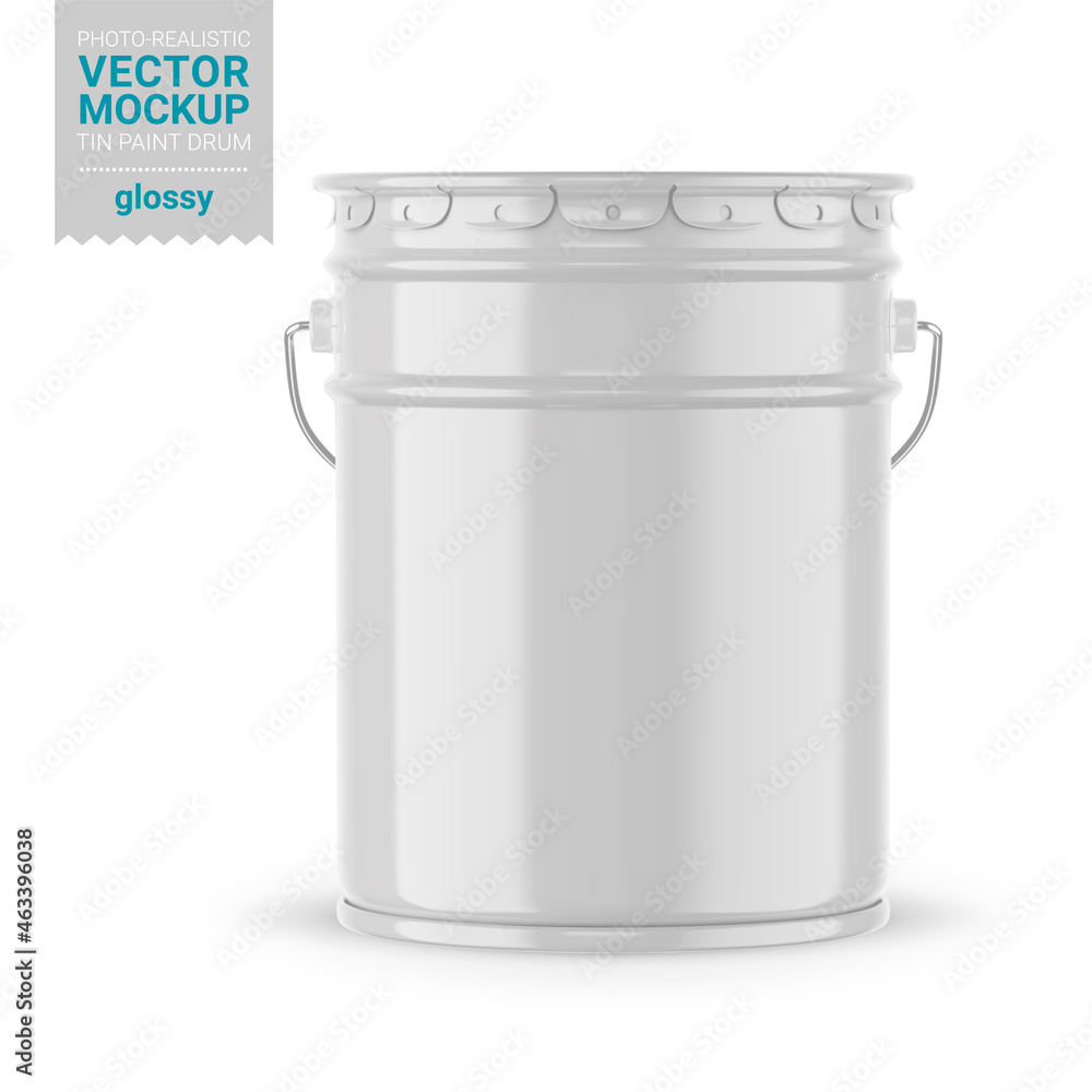 White glossy metal paint bucket mockup. Vector illustration. Stock Vector Adobe Stock