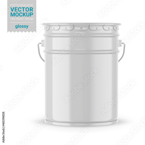 White glossy metal paint bucket mockup. Vector illustration.