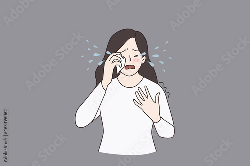 Sad unhappy girl crying burst into tears feel lonely depressed. Stressed young woman suffer from mood swing, have anxiety or depression. Breakup, mental disorder, drama concept. Vector illustration. 
