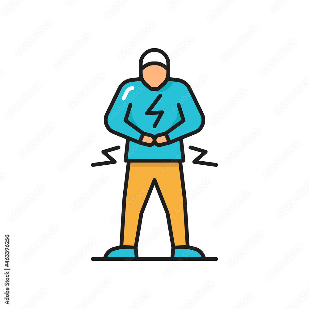 Man with abdominal pain health problem discomfort diarrhea isolated flat color line character. Vector ache in stomach, gastrointestinal indigestion, gas and pain, inflammatory bowel cancer, colitis