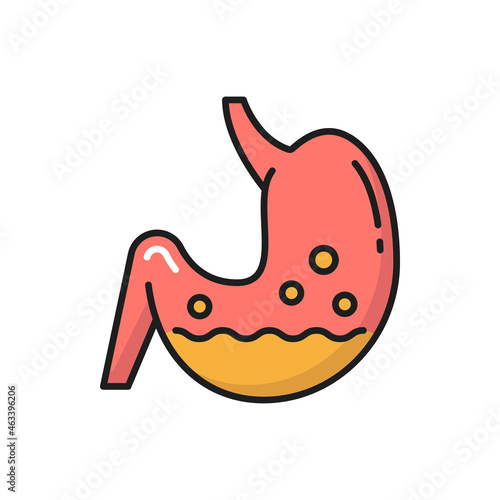 Human stomach with lactobacillus probiotics isolated color line icon. Vector internal organ with probiotics, lactobacillus and prebiotic bacteria. Digestive system, tract with bacteria microorganisms