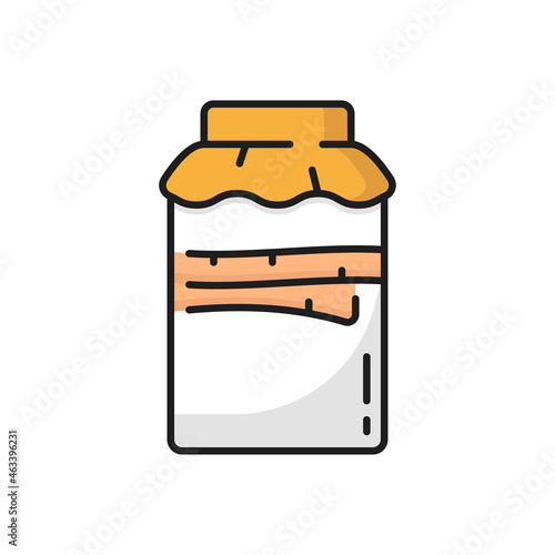 Supplement probiotic ad bottle package isolated color line icon. Vector healthy yougurt, balance of gut bacteria, immune and digestive health prebiotics in package, packaging template, yellow cover