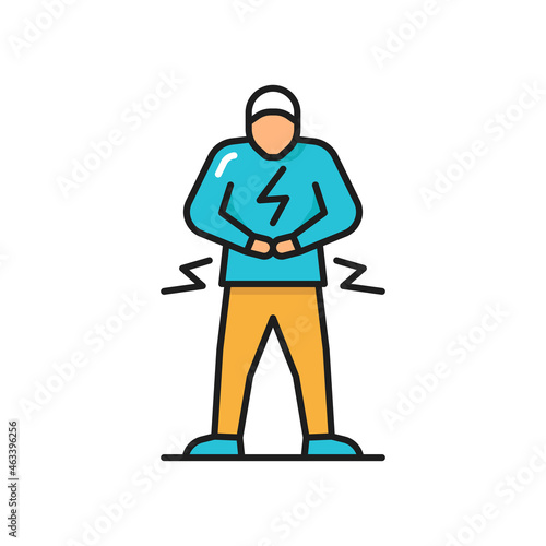 Man with abdominal pain health problem discomfort diarrhea isolated flat color line character. Vector ache in stomach, gastrointestinal indigestion, gas and pain, inflammatory bowel cancer, colitis