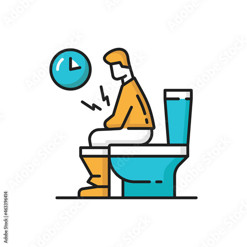 Man sitting in toilet bowl, unhappy with constipation, suffering from diarrhea, food poisoning isolated color line icon. Vector hemorrhoids, problems with stomach, long time in WC closet room