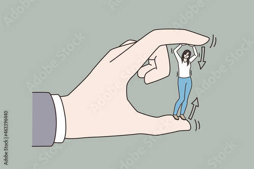 Huge hand holding small woman figure make tension manipulate. Boss or employer invisible pressure on female employee or worker. Hierarchy at office workplace, business problem. Vector illustration. 