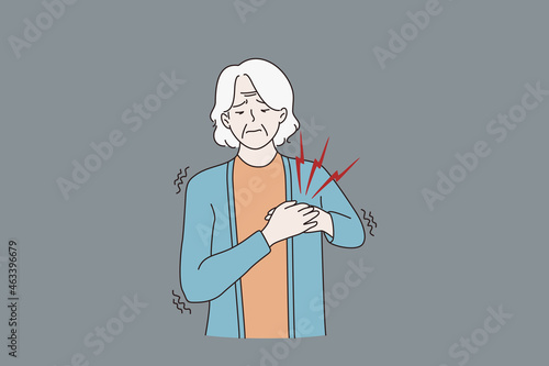 Unhappy sick old woman touch heart suffer from pain heart attack, need ambulance. Unhealthy mature grandmother struggle with chest ache burn. Elderly healthcare concept. Vector illustration. 