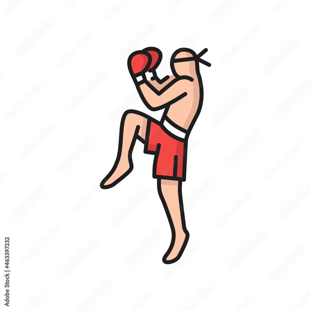 Muay Thai boxing man kick boxer isolated color line icon. Vector Kickbox champion in gloves, Thai athlete in red shorts. Kickboxing person, strong Thailand boxer, taekwondo martial muay sportsman