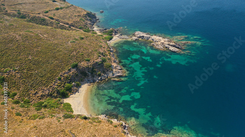 Aerial drone photo of tropical exotic paradise rocky bay with deep turquoise sea forming a blue lagoon