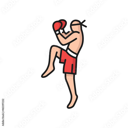 Muay Thai boxing man kick boxer isolated color line icon. Vector Kickbox champion in gloves, Thai athlete in red shorts. Kickboxing person, strong Thailand boxer, taekwondo martial muay sportsman